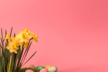 Pastel Pink Background with Yellow Daffodils and Pastel Easter Eggs; Spring Festive Design.