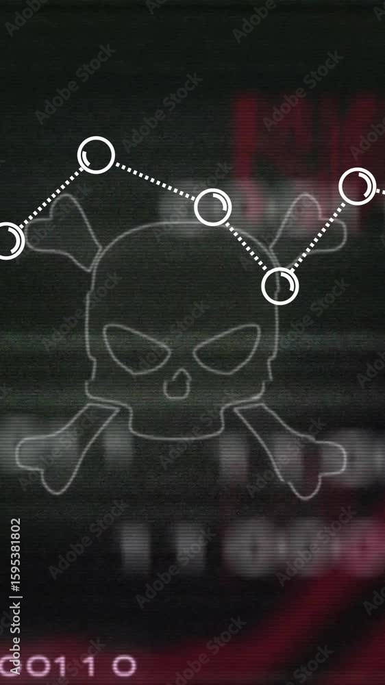 Poster data graph overlaying skull and crossbones in digital animation background