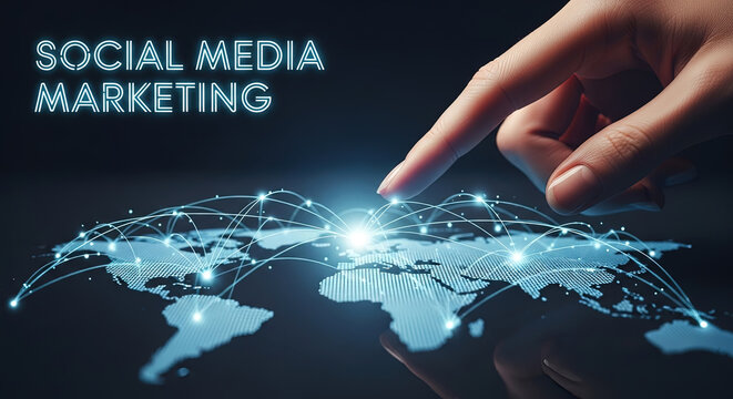 Global Social Media Marketing Strategy: Hand Touching World Map with Network Connections for Business Growth and International Communication Focus - Powered by Adobe