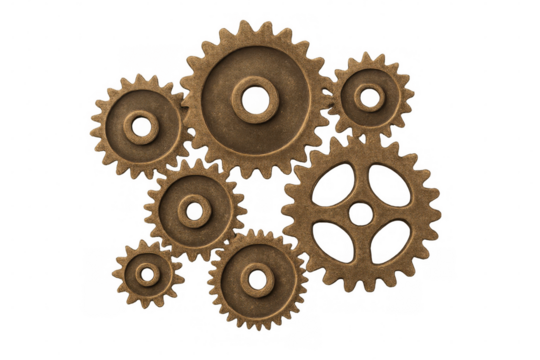 Brass gears meshing, rotating with precision, symbolizing mechanical synergy against transparent backdrop, industrial engineering concept