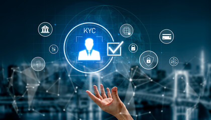 Digital KYC verification with biometric scan, ID authentication, and financial security icons...