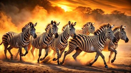 Dramatic Herd of Zebras Running at Sunset, Golden Hour, African Savanna, Wildlife Photography