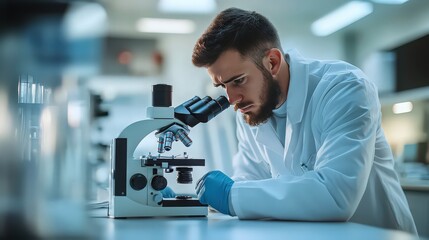A scientist in a lab coat is using a microscope for research and analysis of a sample closely