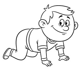 Cartoon Illustration of a Crawling Baby in Black and White