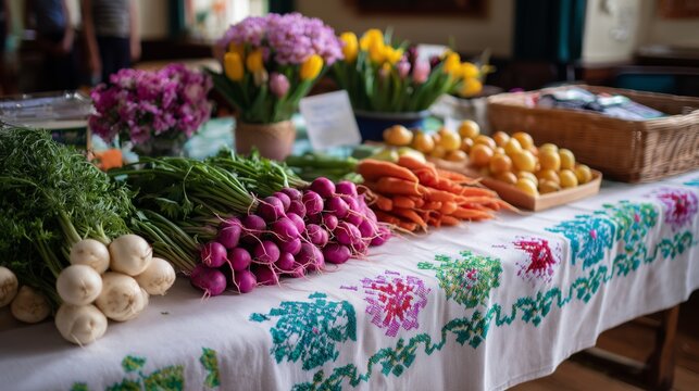 Fresh produce on display at a local market showcasing vibrant vegetables and flowers during a sunny afternoon