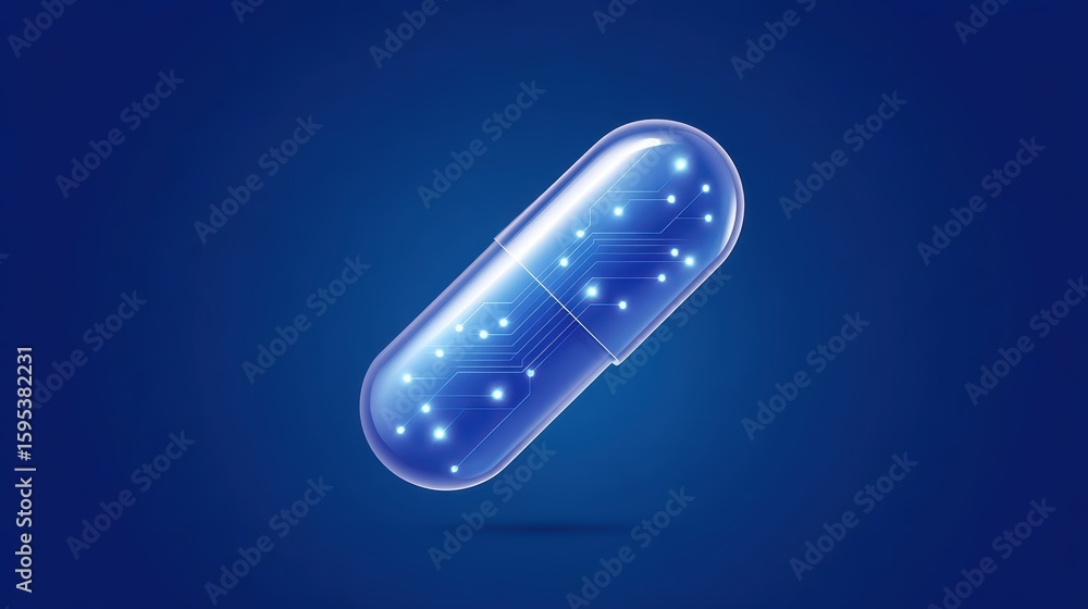 Poster futuristic capsule concept, glowing smart pill with circuits and data particles representing ai medi