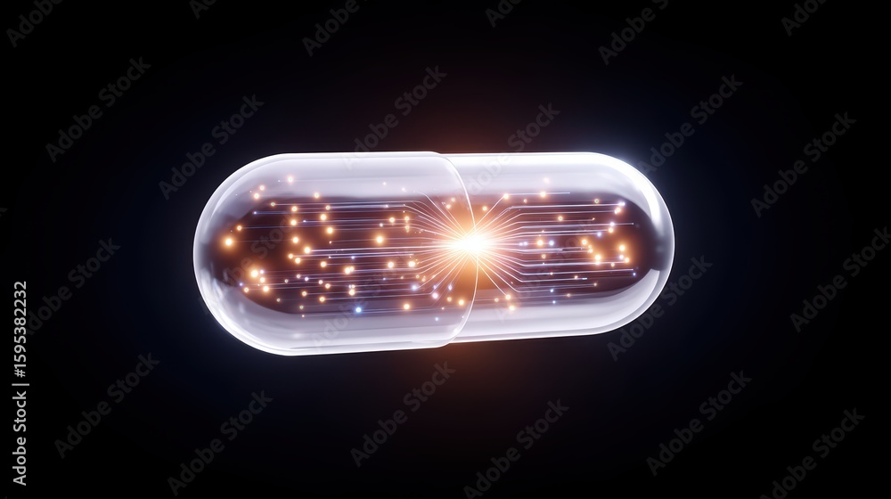 Poster futuristic capsule concept, glowing smart pill with circuits and data particles representing ai medi