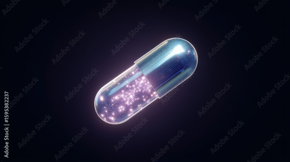 Aufkleber futuristic capsule concept, glowing smart pill with circuits and data particles representing ai medi