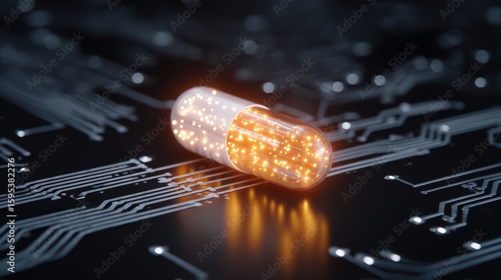 Poster futuristic capsule concept, glowing smart pill with circuits and data particles representing ai medi