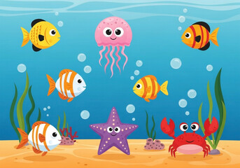 Fototapeta premium A colorful underwater scene with various cartoon sea creatures