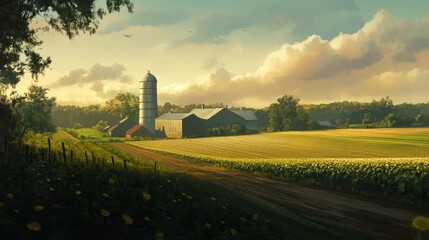 Sunrise over golden wheat fields with a dirt road leading through.
