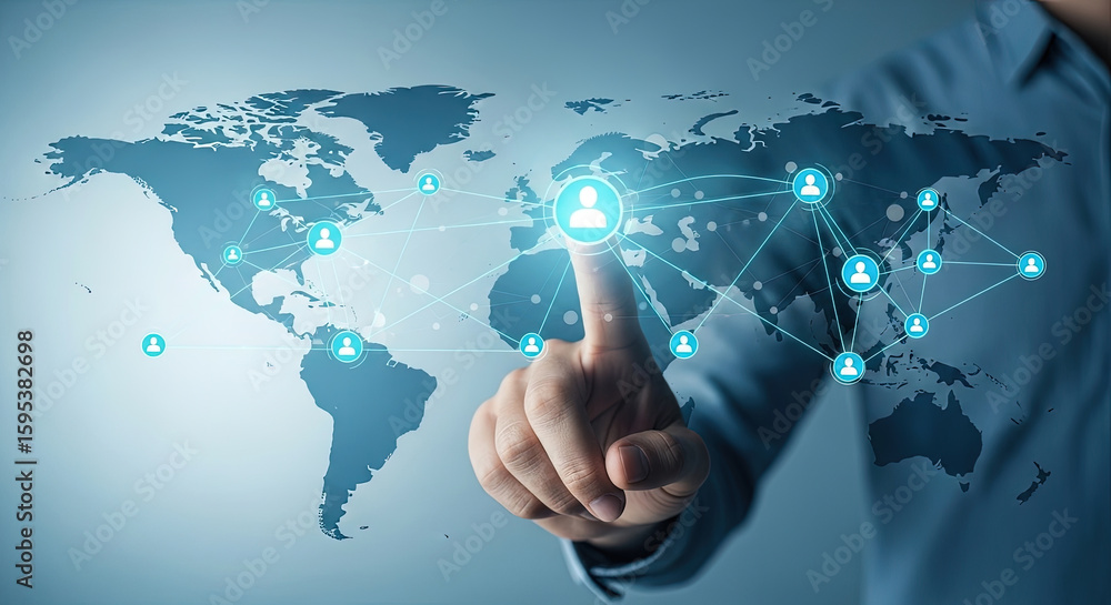 Poster global network connection concept: man touching world map with social media icons, representing inte