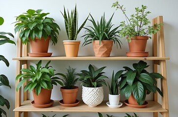 Fototapeta premium Clean Airy Spring Plant Styling Room Decor on Wooden Shelf ai generated