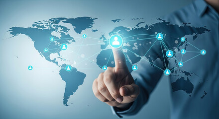 Global Network Connection Concept: Man Touching World Map with Social Media Icons, Representing International Business and Digital Communication