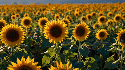 Fototapeta premium Endless Sunflower Field in Bloom – Bright Summer Landscape at Dusk