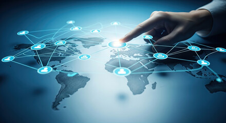 Global Network Connection: Finger touching digital interface on world map, symbolizing worldwide communication, technology, and business connections