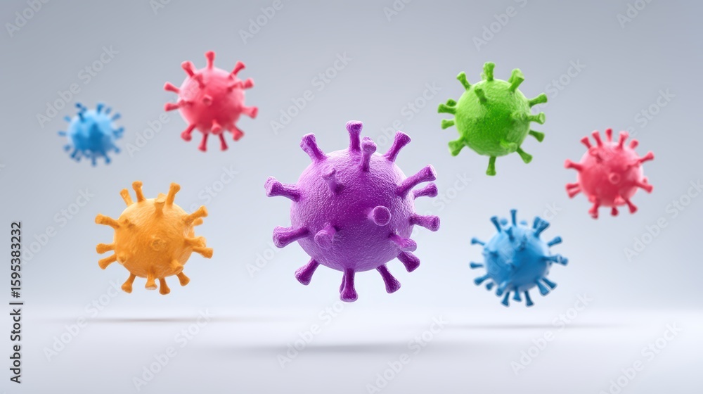 Poster virus structure concept, colorful 3d rendering of microscopic virus particles floating in fluid, for