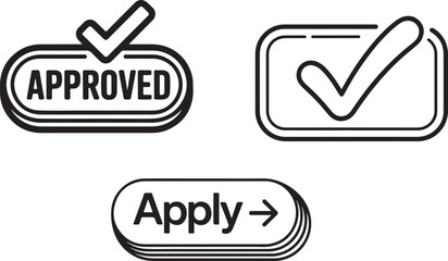 Black and white approved checkmark and apply button vector illustration