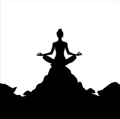 Black silhouette of a person meditating on a hill in white background