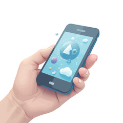 Hand holding a smartphone with a stylized, digital map interface showing a stylized globe, clouds, and planets.
