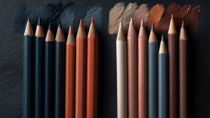 A close up view of artist colored pencils arranged in two distinct groups on a textured dark surface