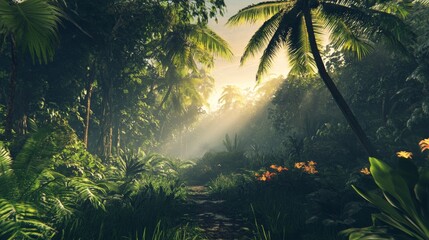 Sunlight filtering through lush green trees in a tropical paradise forest, showcasing vibrant jungle nature.