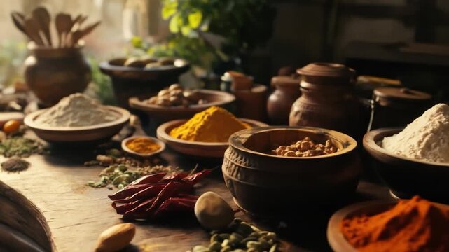 Aromatic Spices and Herbs on Rustic Wooden Table