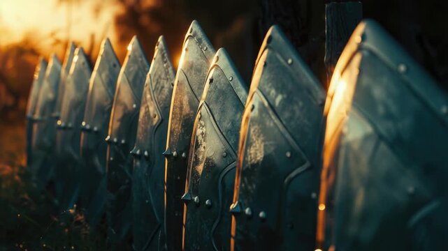 Row of metal shields sitting on a green grassy field, possibly used for an outdoor event or military training