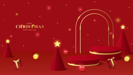 Merry christmas background. Podium Christmas. Red podium for product display presentation with christmas tree, ball, star, gift box and ornament on the stage. Stand product showcase on red background