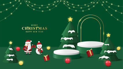 Merry christmas banner with cute santa claus and snowman character on green background for the celebration of Happy New Year. Vector illustration