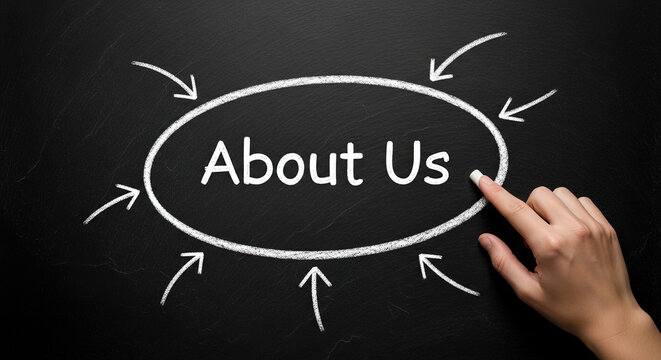 Engaging 'About Us' Concept: Hand Pointing to Chalkboard Message with Arrows, Ideal for Business Introductions and Company Information Pages