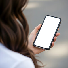 Woman outdoors holding smartphone with blank screen.