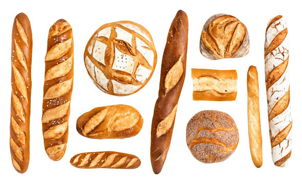 Artisanal Bread Collection on Transparent Background – Assorted Freshly Baked Loaves and Baguettes for Bakery Marketing, Food Packaging Design, and Menu Illustrations