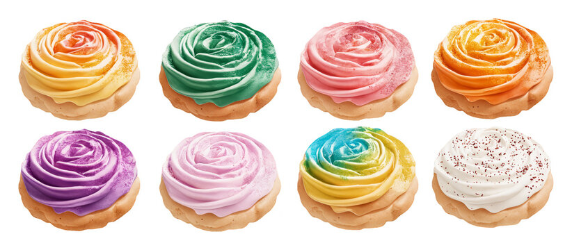 Colorful Meringue Cookies Collection – Rainbow Pastel Swirl Desserts on Transparent Background for Bakery Marketing, Food Packaging and Digital Design Projects