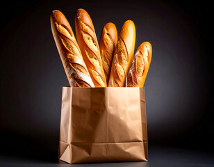 Fresh Baguettes in Brown Paper Bag on Dark Background.paper, baguette, bakery, bread, brown, food, fresh, gold, grain, minimalist, product, warm, and, life, package, shopping, still, tied, grocery, 