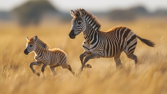 Zebra family bonding grassland golden hour illustration images