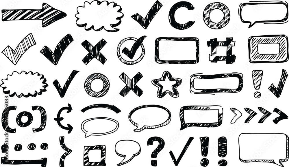 Poster hand drawn sketched doodles of arrows checkmarks speech bubbles and design elements