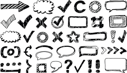 Hand drawn sketched doodles of arrows checkmarks speech bubbles and design elements
