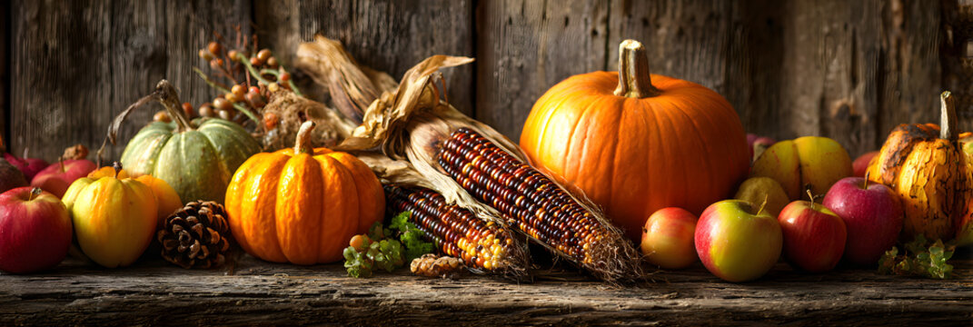 Thanksgiving With Pumpkins Corncob And Apples On Wooden Table