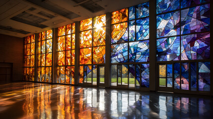 Vibrant stained glass windows illuminate interior space with warm and cool hues and reflected light