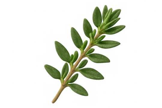 Fresh thyme sprig floating against transparent background, highlighting delicate herb leaves for culinary imagery and wellness content