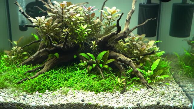Close-up of a Dynamic Aquarium Ecosystem with Healthy Fish and Plants