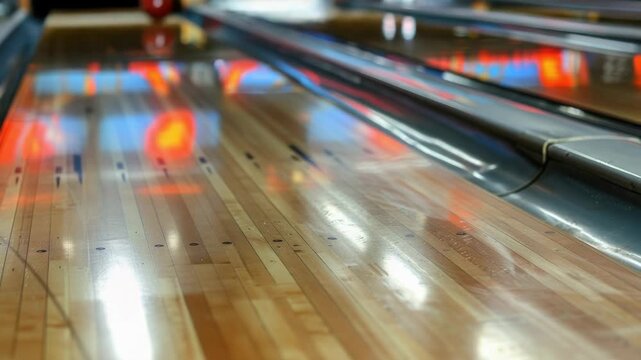 A bright red bowling ball sits atop a wooden floor, perfect for capturing attention or adding to a game-themed scene