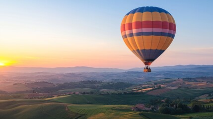 Naklejka premium Person on a sunrise hot air balloon ride over a scenic landscape, serene