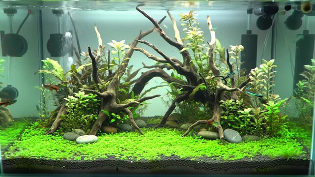 Crystal Clear Freshwater Tank Showing Off Its Diverse Aquascape Layout