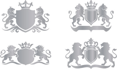 Four silver heraldic lion crests with shields and crowns