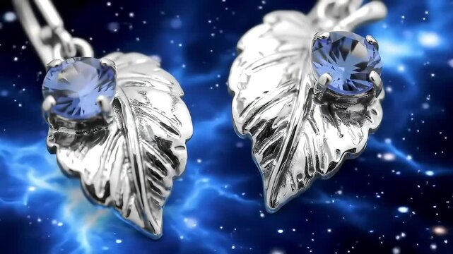 Silver leaf earrings, blue gems, cosmic backdrop