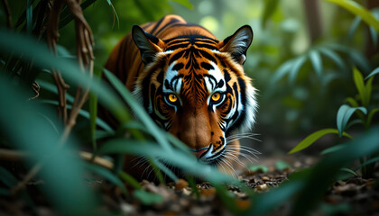 Fototapeta premium Close-up of tiger’s amber eyes and stripes hidden in green rainforest cover.
