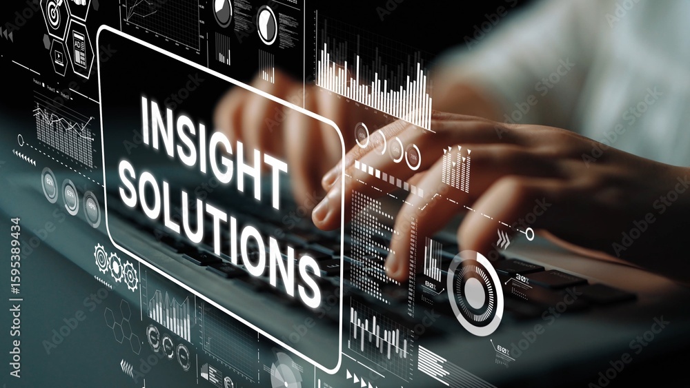 Poster hands typing on keyboard with digital graphics and text highlighting insight solutions theme. asympt