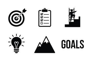 Obraz premium Target checklist climbing person lightbulb mountains and goals text dart bullseye